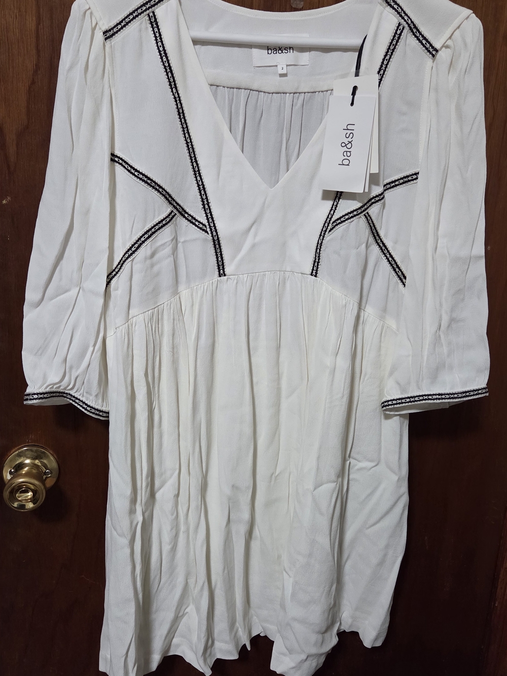 ba&sh White V-Neck Embroidered Tunic with Black Trim